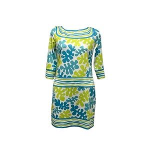 Gretchen Scott blue green tropical print 3/4 sleeve shift dress Small